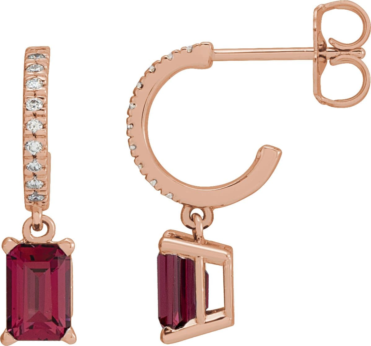 14K Rose Natural Rhodolite Garnet & .08 CTW Natural Diamond French-Set Hoop Earrings