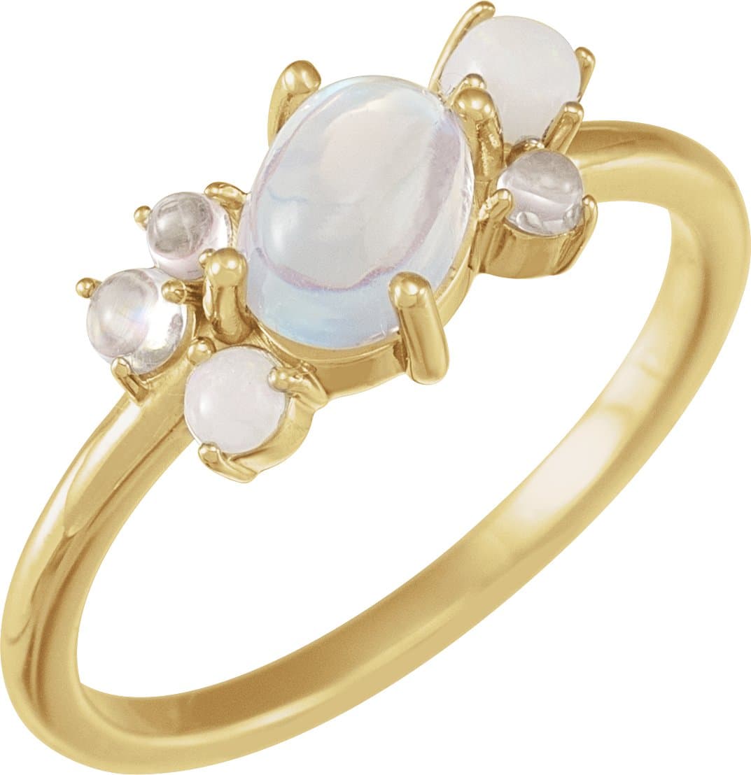 14K Rose Natural Rainbow Moonstone & Multi-Gemstone Scattered Cabochon Ring