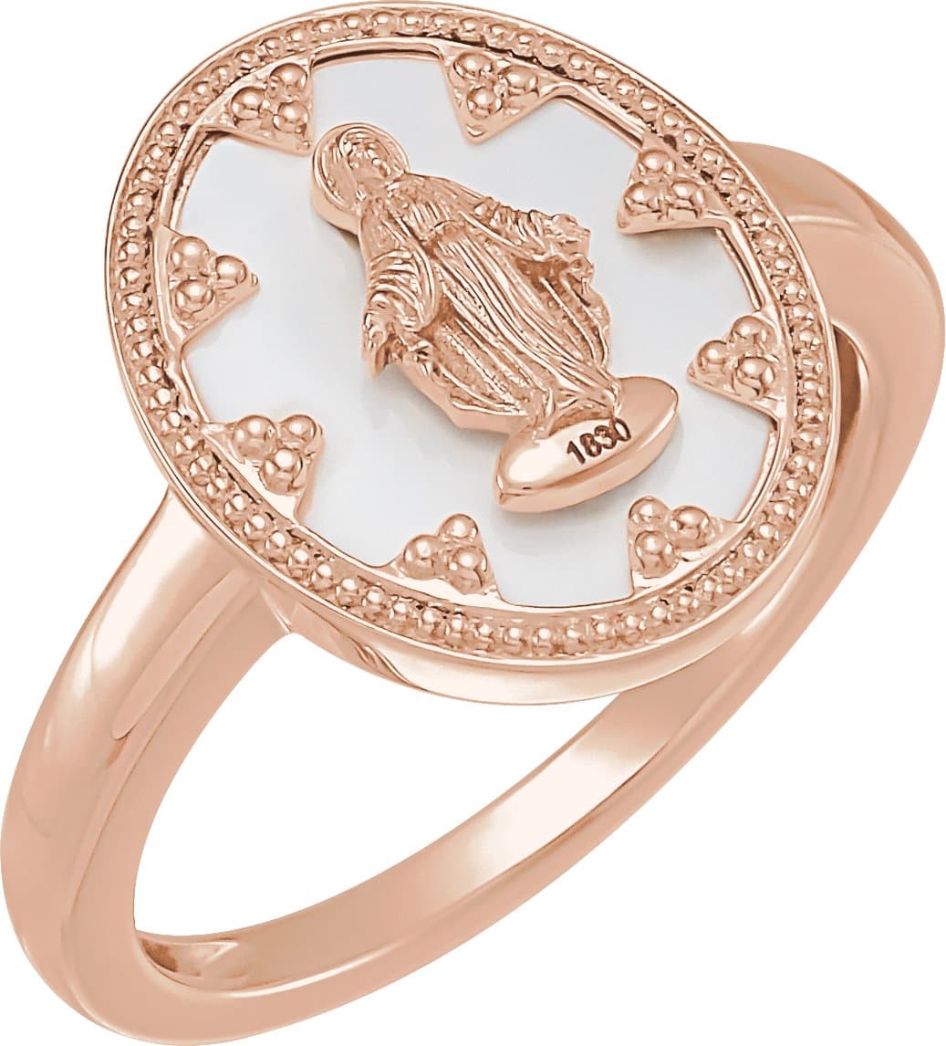 14K Rose Oval Black Enamel Miraculous Medal Ring