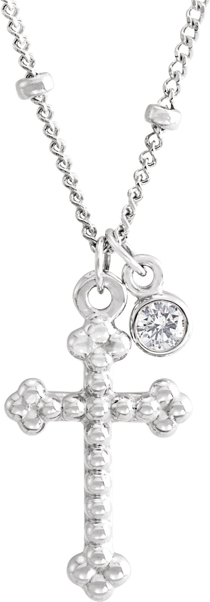 Sterling Silver .06 CT Natural Diamond Beaded Cross 20 Necklace