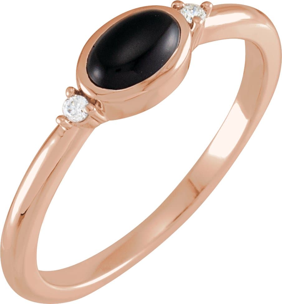 14K Rose 5x3 mm Round Natural Black Onyx & .03 CTW Natural Diamond Ring