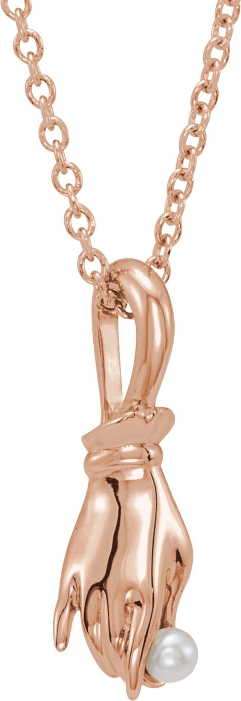 14K Rose Cultured White Seed Pearl Buddha Hand 16-18 Necklace