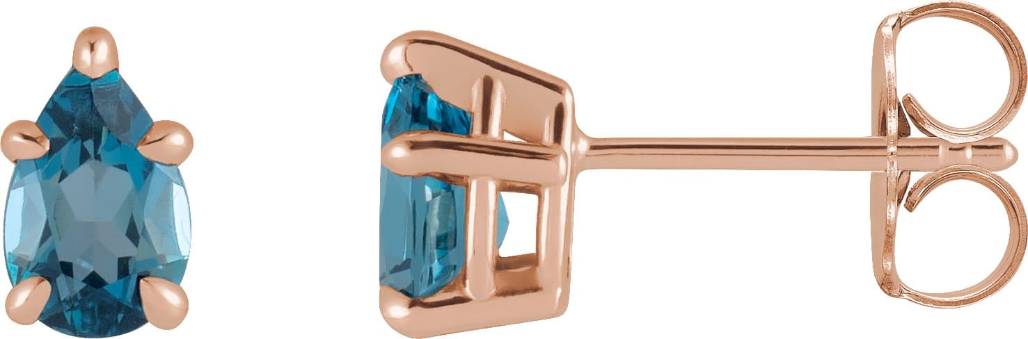 14K Rose Natural London Blue Topaz 5-Prong Claw Stud Earrings