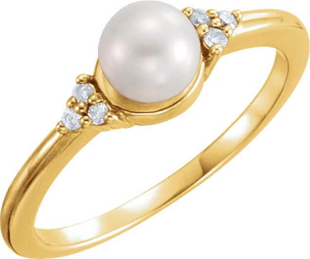 14K Yellow 5.5-6 mm Cultured Freshwater White Pearl & .06 CTW Natural Diamond Ring