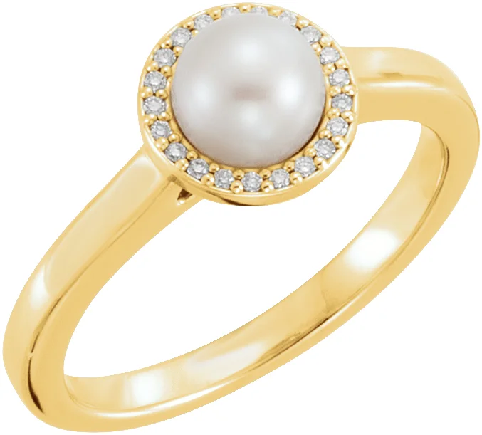 14K Yellow Cultured White Freshwater Pearl & .05 CTW Natural Diamond Halo-Style Ring