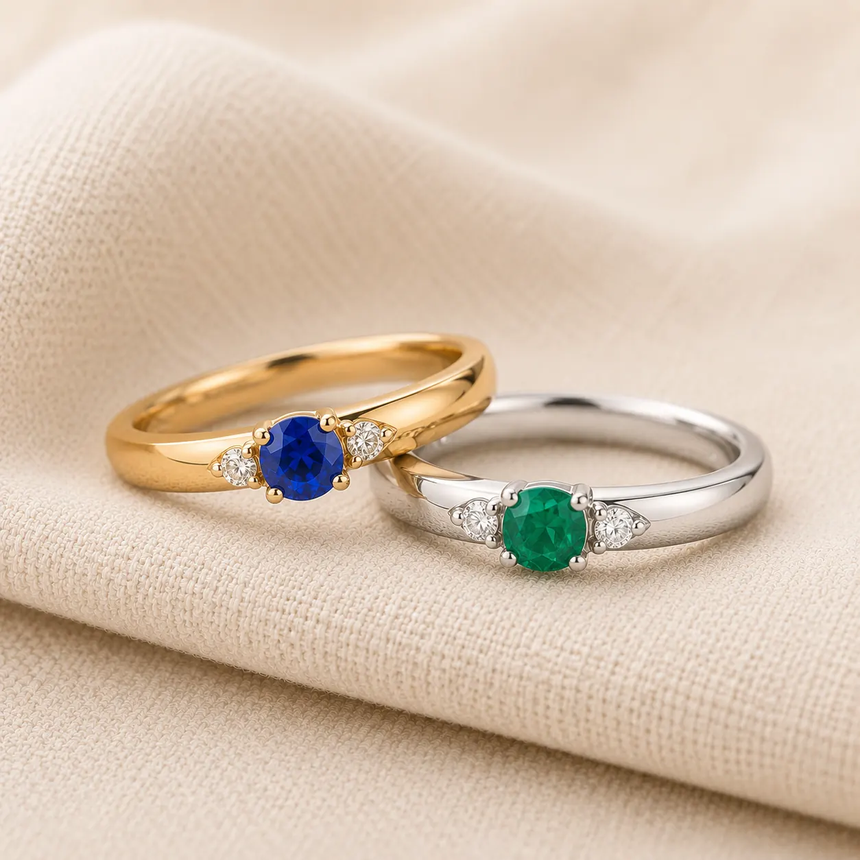 Vintage sapphire and emerald gemstone wedding bands in gold and platinum at ATL Luxury Jewelry Atlanta