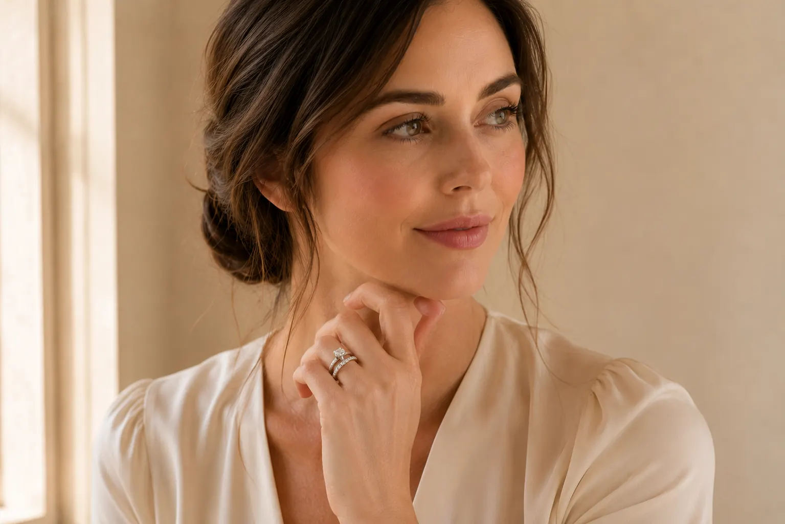 Woman wearing a diamond eternity anniversary band stacked with her engagement ring, hand resting on cream silk