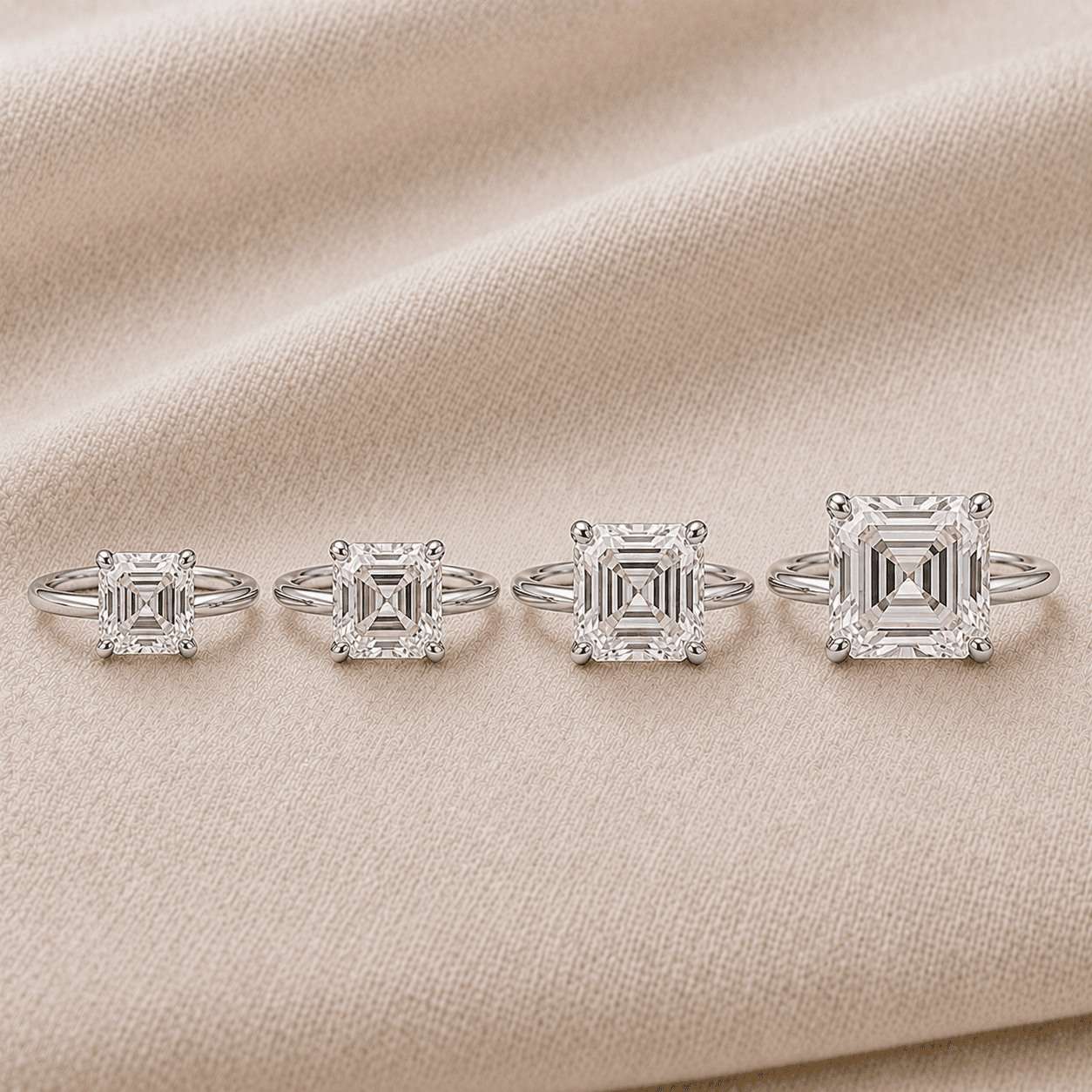Asscher cut diamond engagement rings in 1, 2, 3, and 5 carat sizes shown side-by-side at ATL Luxury Jewelers Atlanta