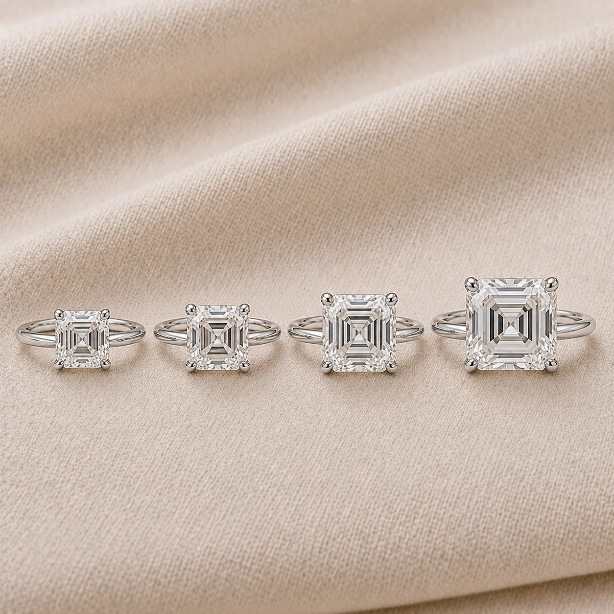 Asscher cut diamond engagement rings in 1, 2, 3, and 5 carat sizes shown side-by-side at ATL Luxury Jewelry Atlanta
