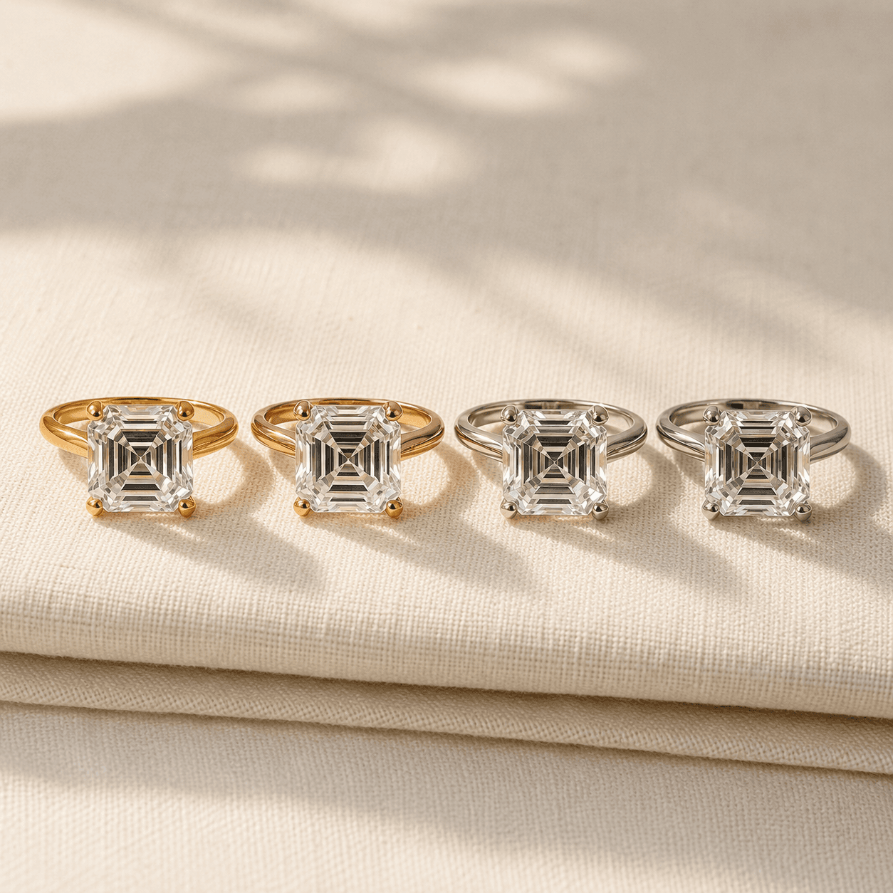 Asscher cut engagement rings shown in white gold, yellow gold, rose gold, and platinum at ATL Luxury Jewelers Atlanta