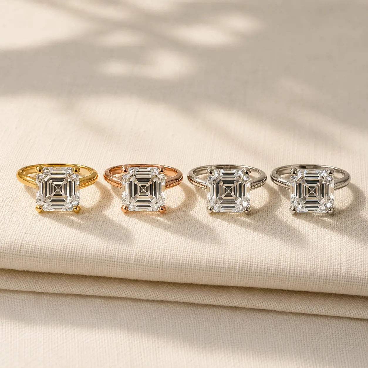 Asscher cut engagement rings shown in white gold, yellow gold, rose gold, and platinum at ATL Luxury Jewelry Atlanta