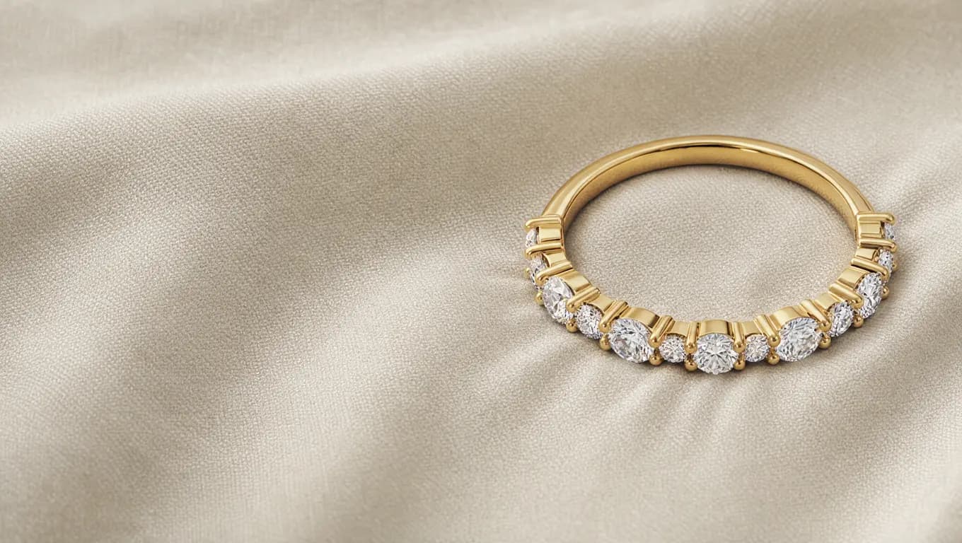 14K yellow gold anniversary band set with alternating round diamonds, resting on cream linen