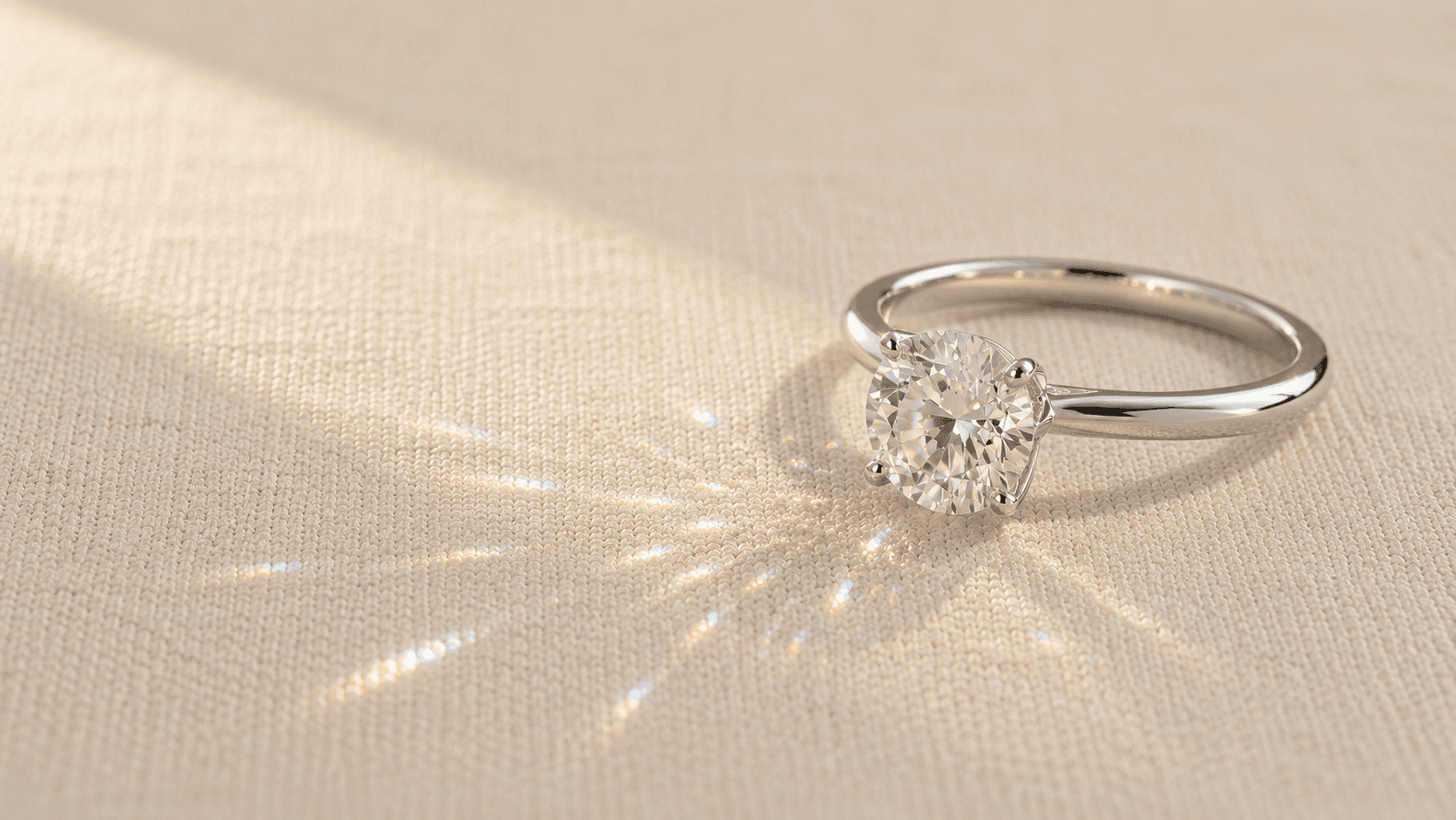 Solitaire diamond engagement ring on cream linen