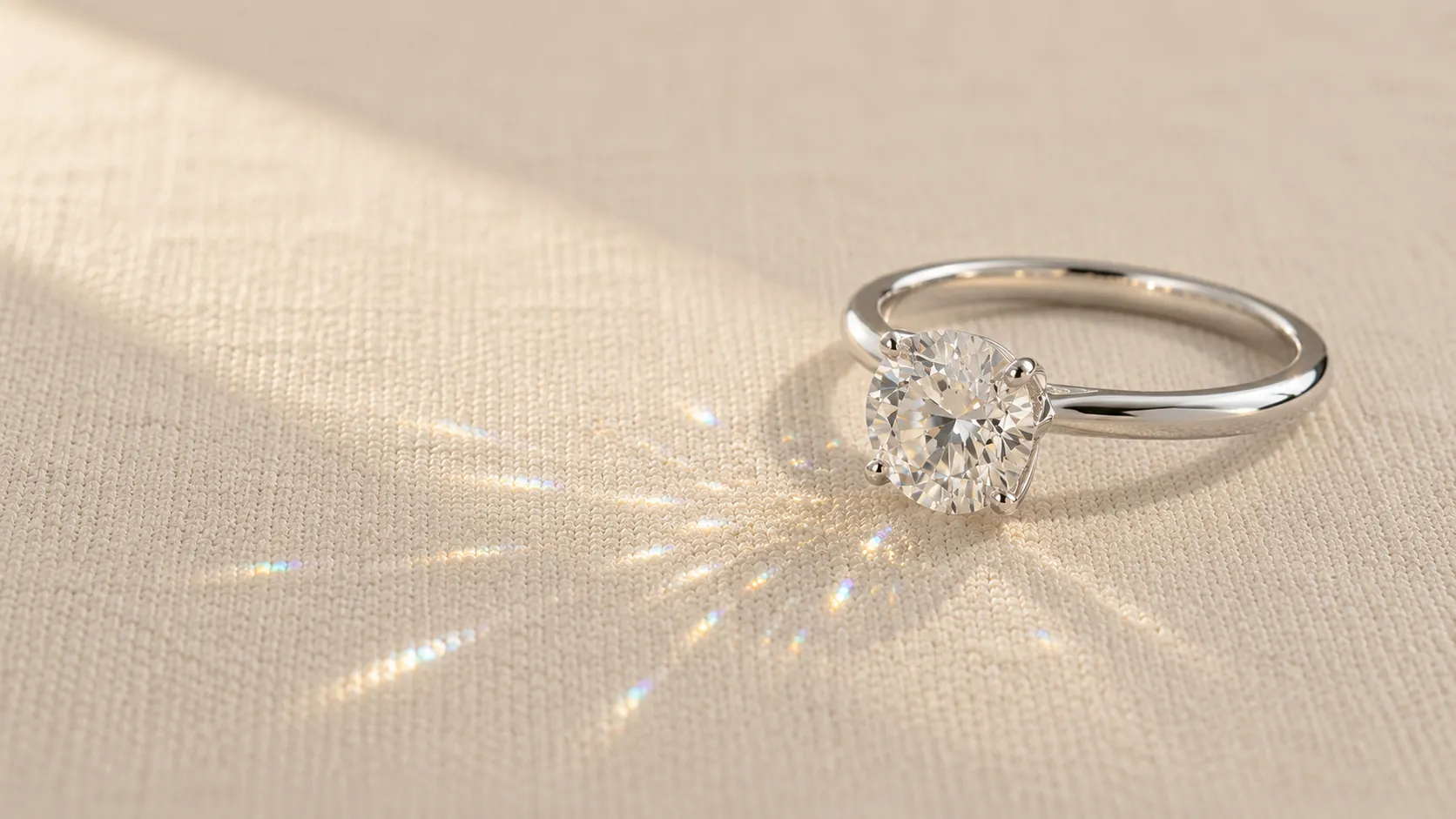 Solitaire diamond engagement ring on cream linen