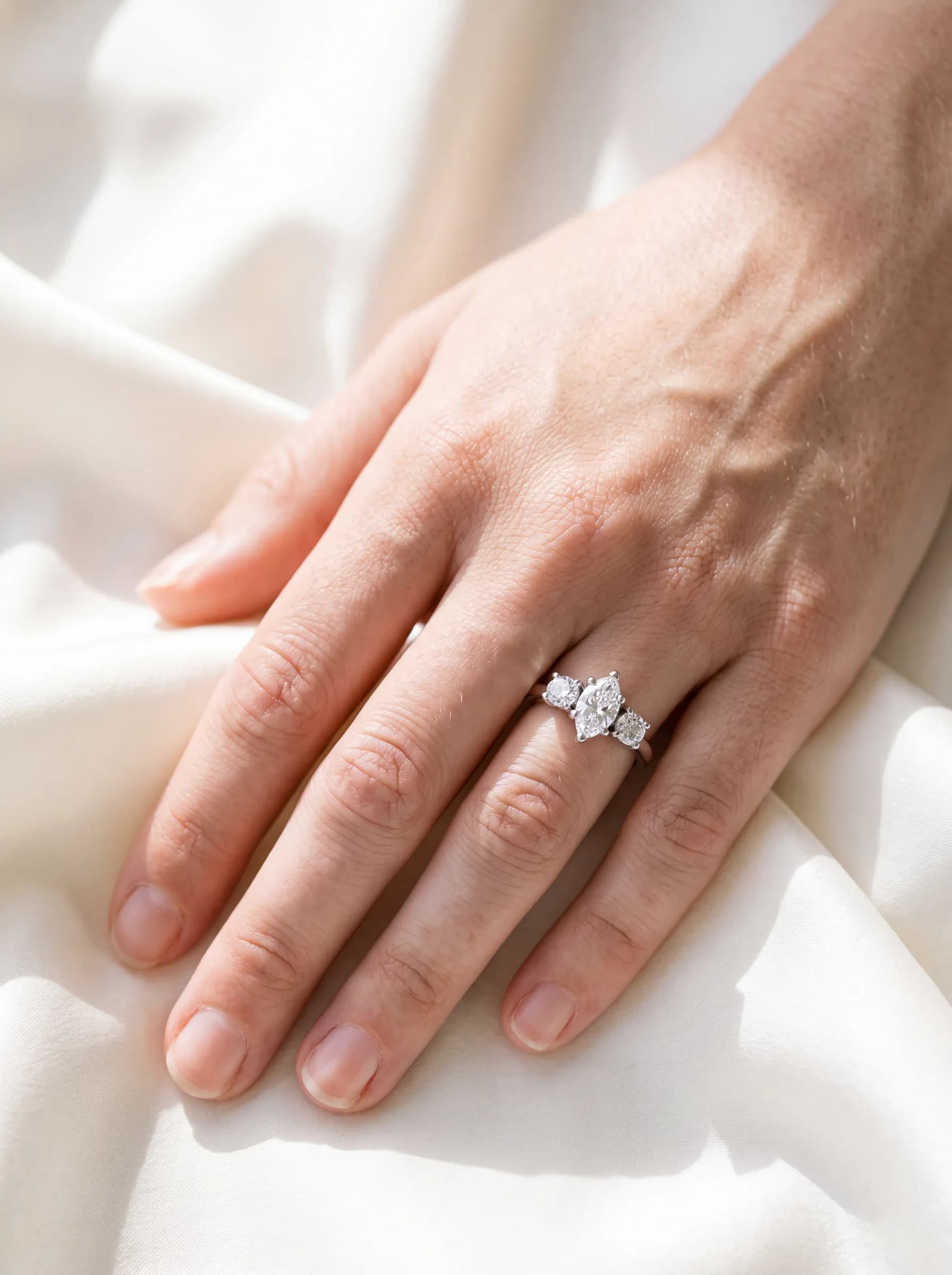 A woman's hand resting on rumpled ivory silk, wearing a three-stone diamond ring with an oval center stone flanked by two round side stones.