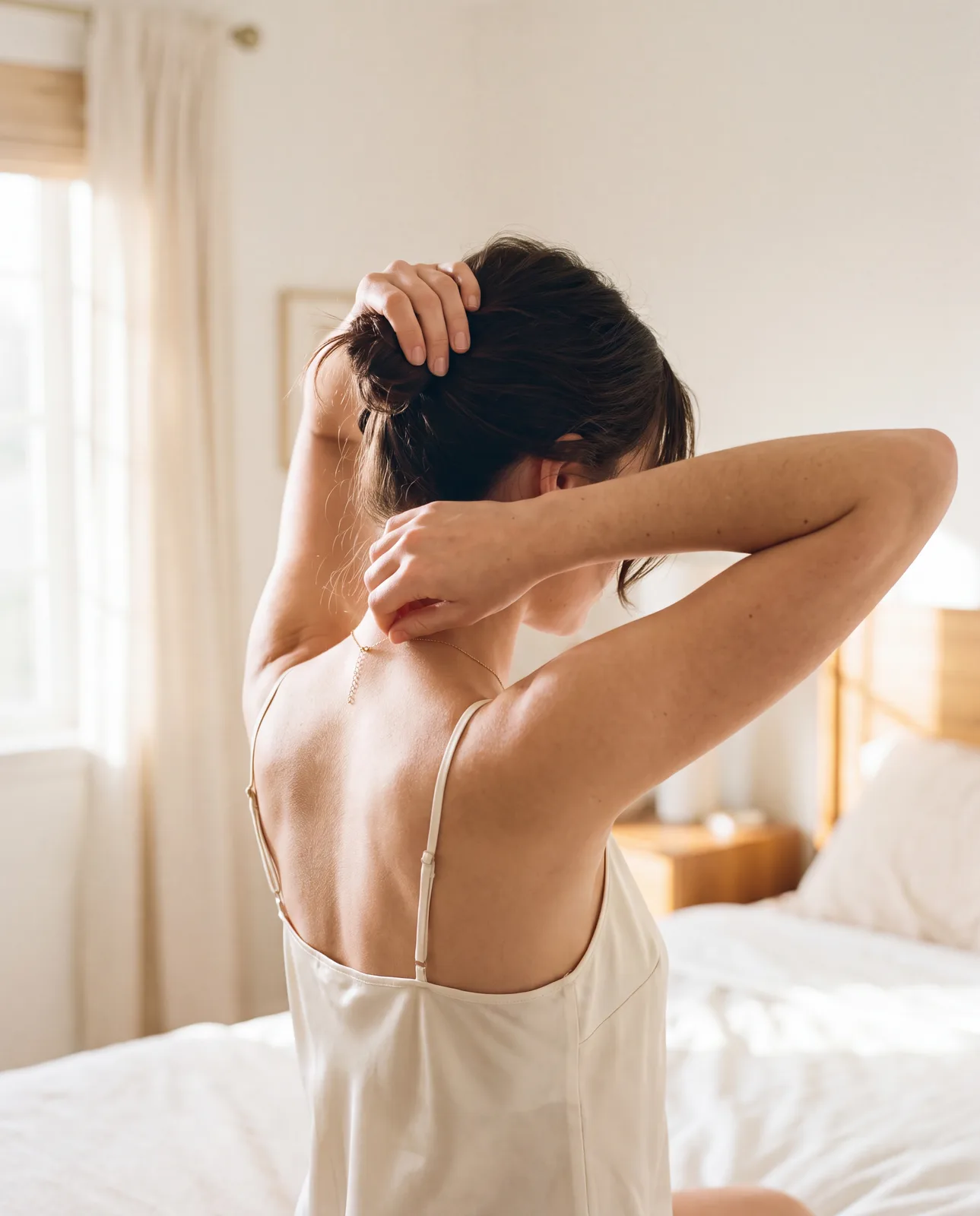 A woman in a cream silk slip dress, seen from behind, gathering her hair with one hand while fastening her own thin gold necklace with the other, in soft morning bedroom light.