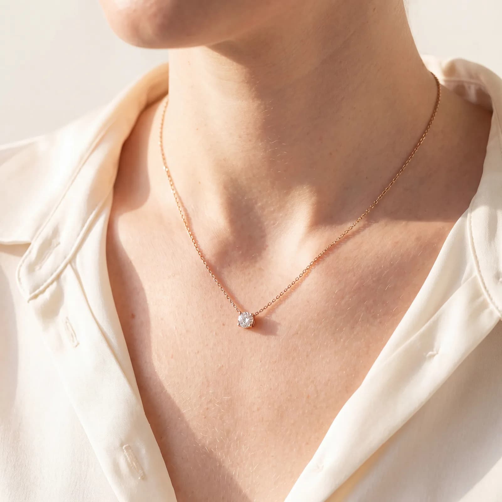 A close view of a collarbone and upper chest wearing a fine gold chain with a small round solitaire diamond pendant.