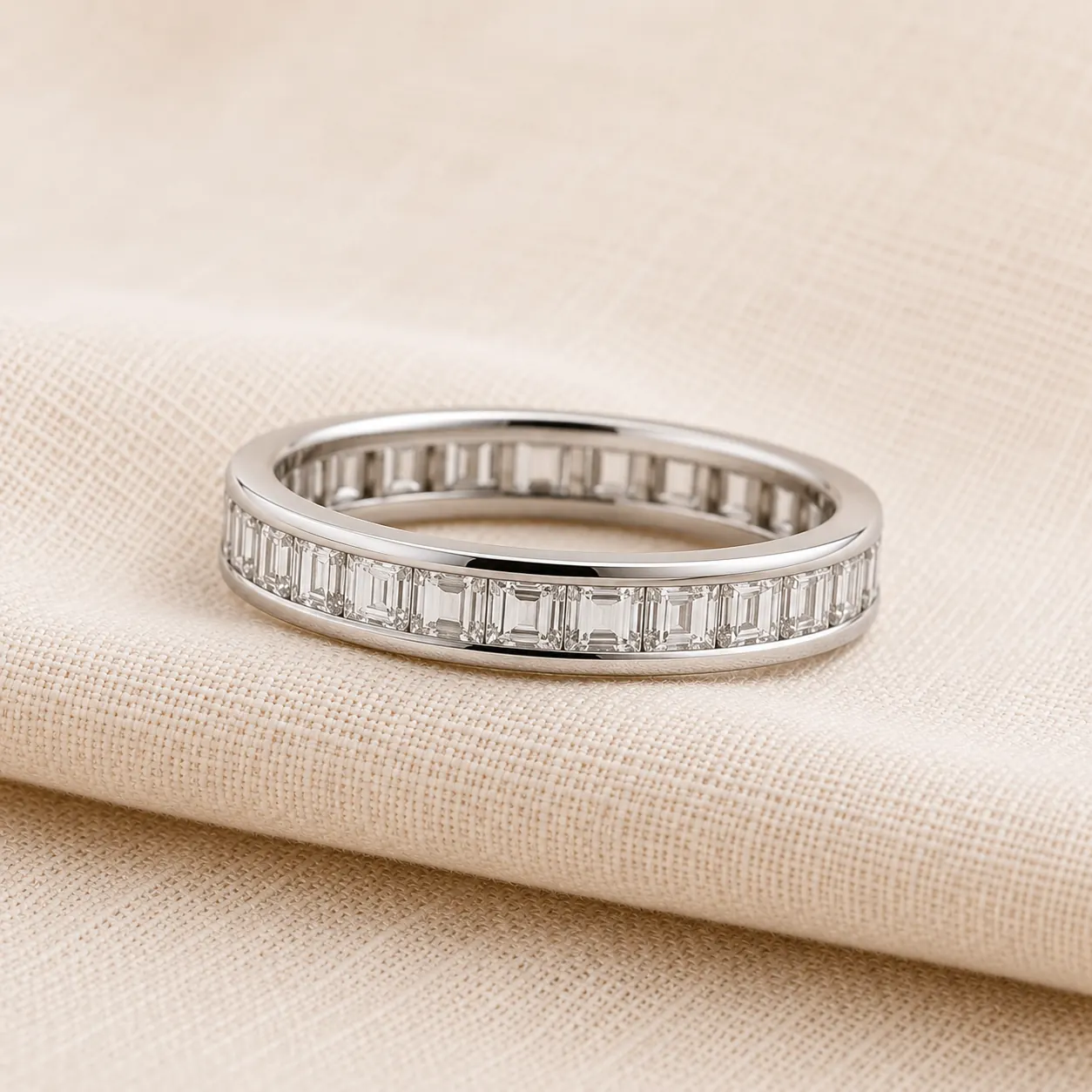 Channel-set baguette eternity wedding band in platinum at ATL Luxury Jewelry Atlanta