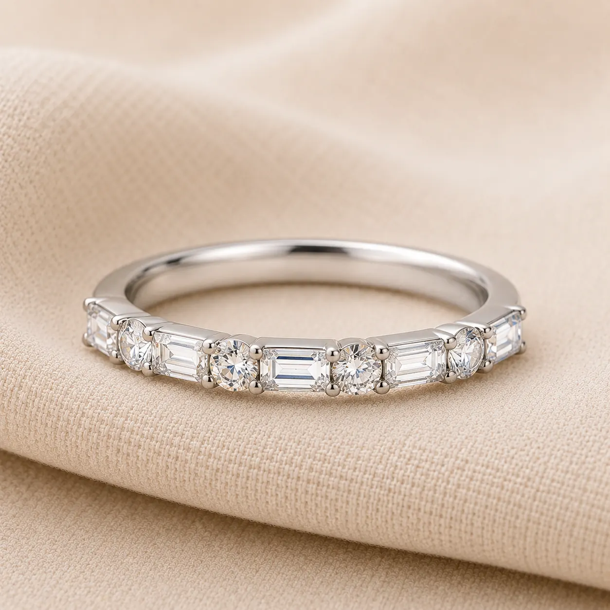 Baguette and round wedding band with alternating diamonds in platinum at ATL Luxury Jewelry Atlanta