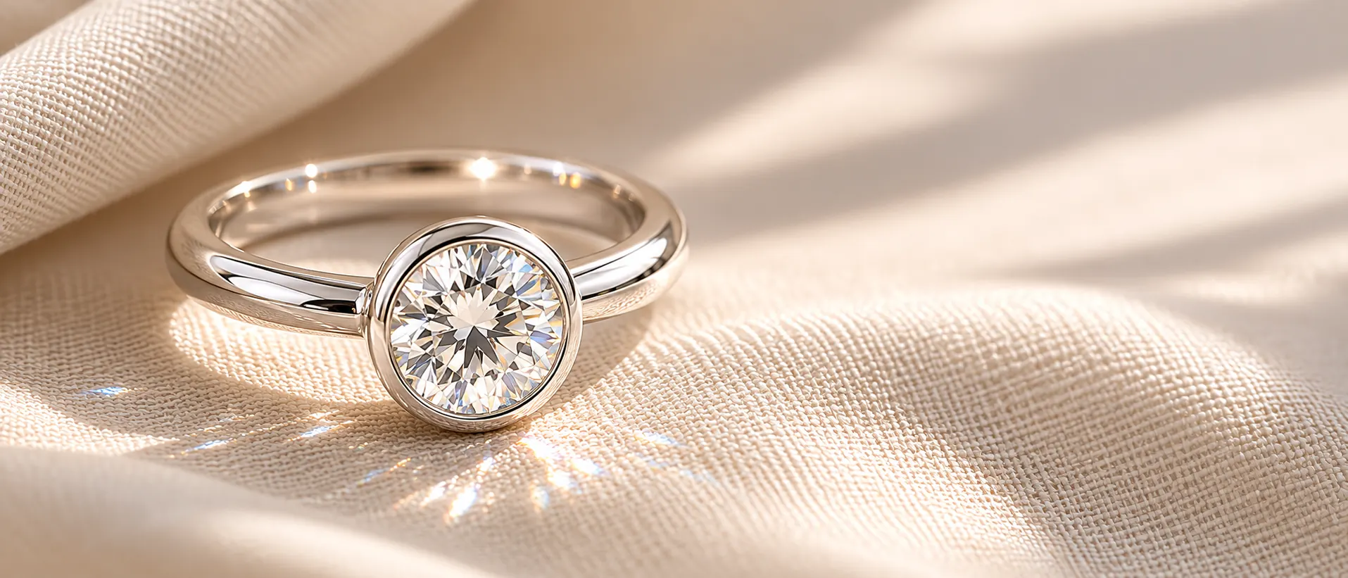 Bezel set engagement ring on cream linen at ATL Luxury Jewelry Atlanta