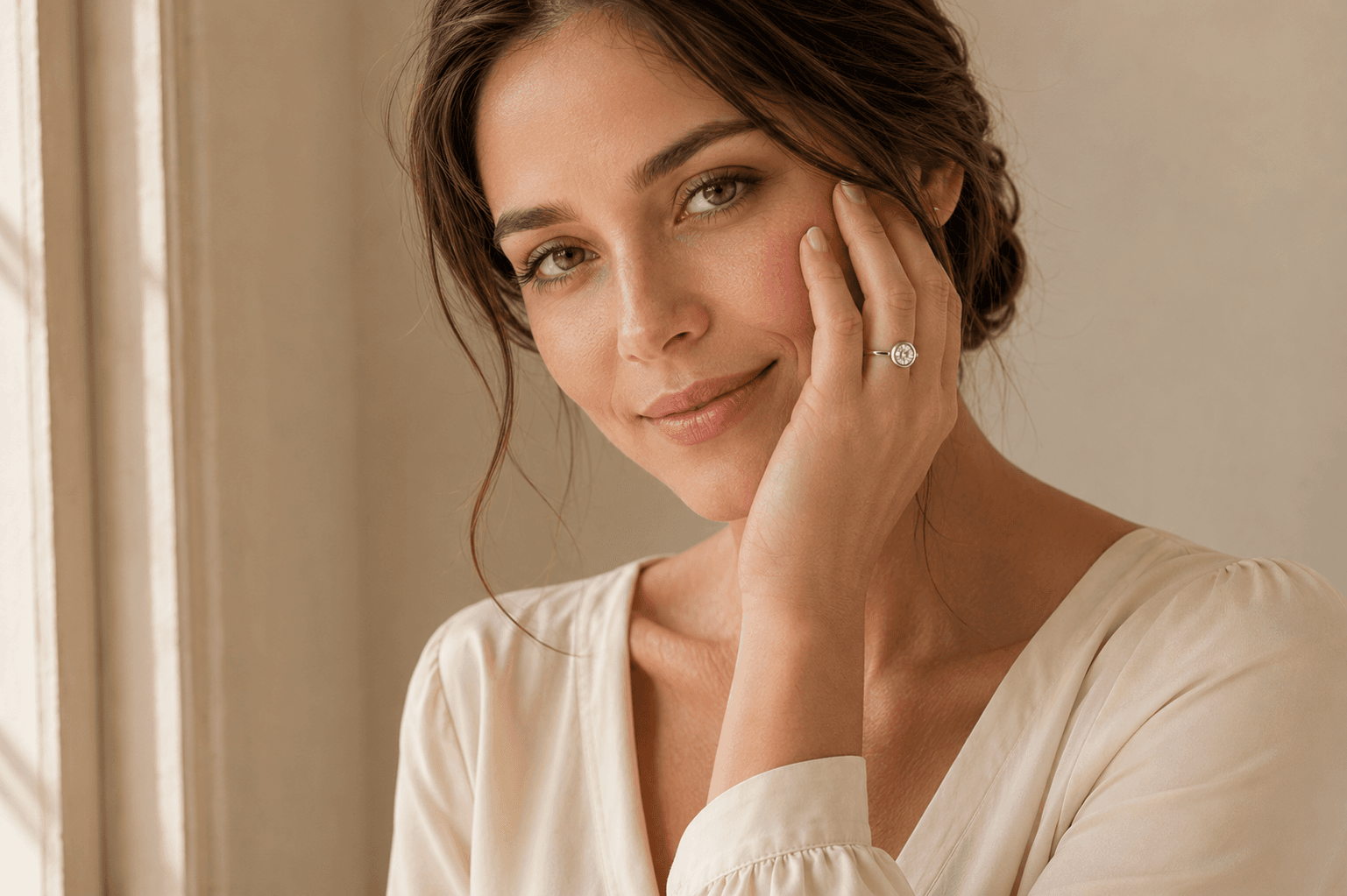 Woman wearing a bezel-set diamond engagement ring, hand resting against her cheek