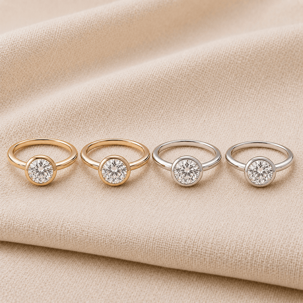 Bezel engagement rings in white gold, yellow gold, rose gold, and platinum at ATL Luxury Jewelers Atlanta
