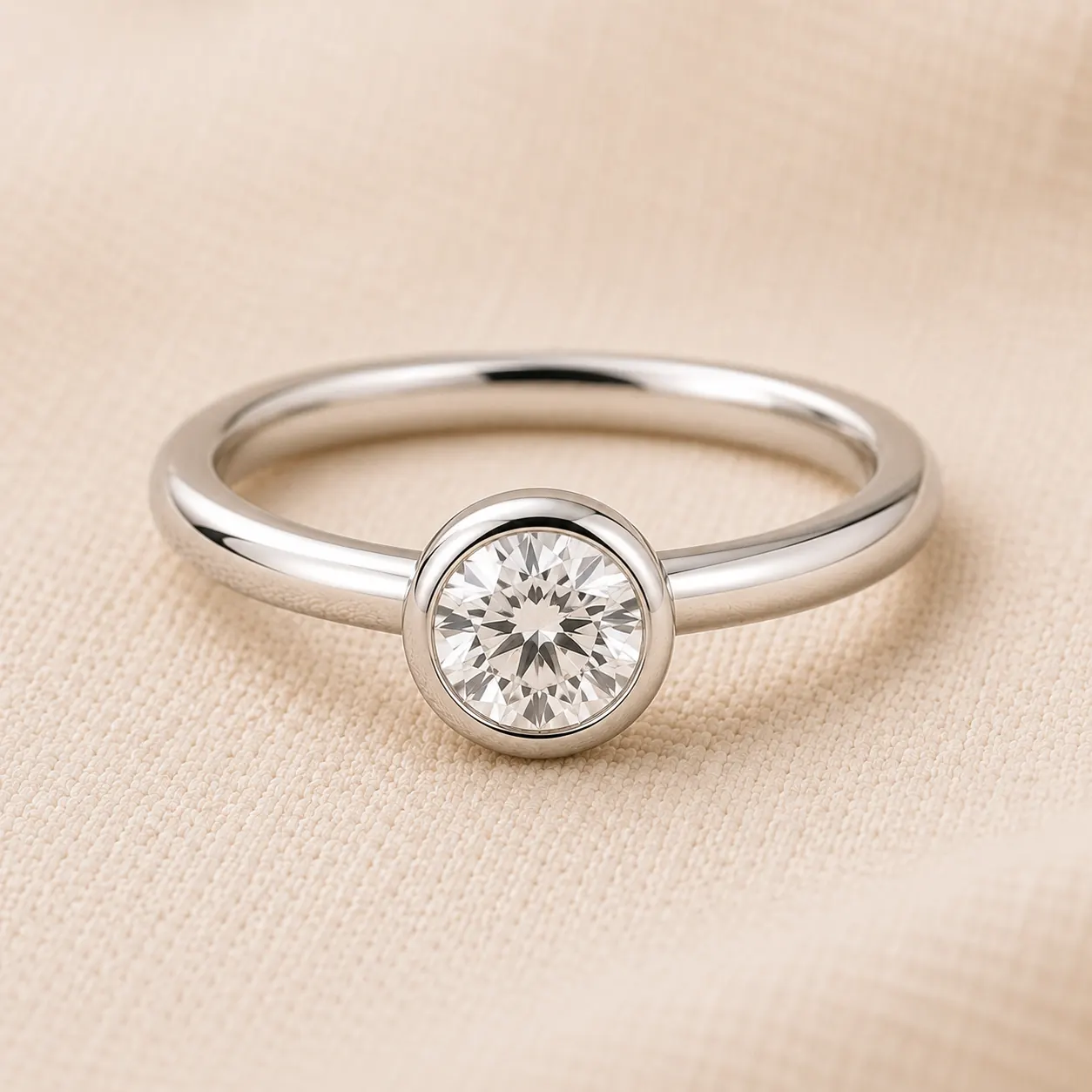 Women's bezel set engagement ring on cream linen at ATL Luxury Jewelry Atlanta