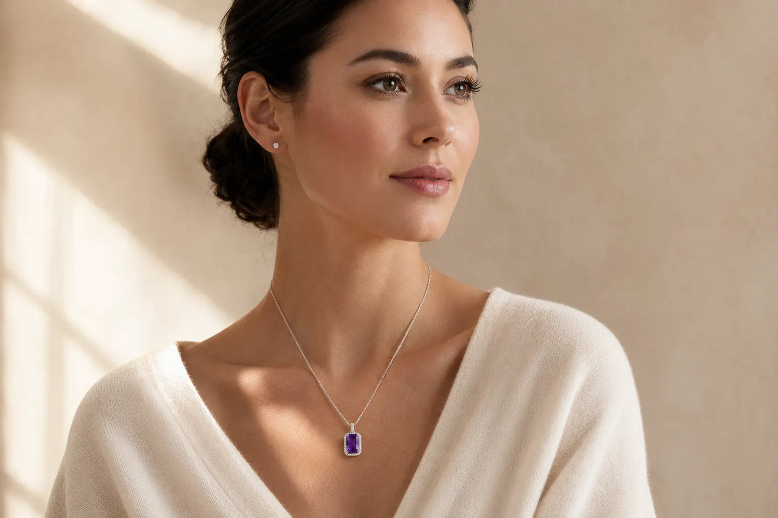 Amethyst jewelry worn at ATL Luxury Jewelry showroom in Atlanta