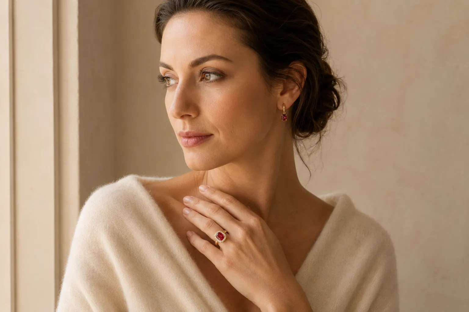 Ruby jewelry worn at ATL Luxury Jewelry showroom in Atlanta