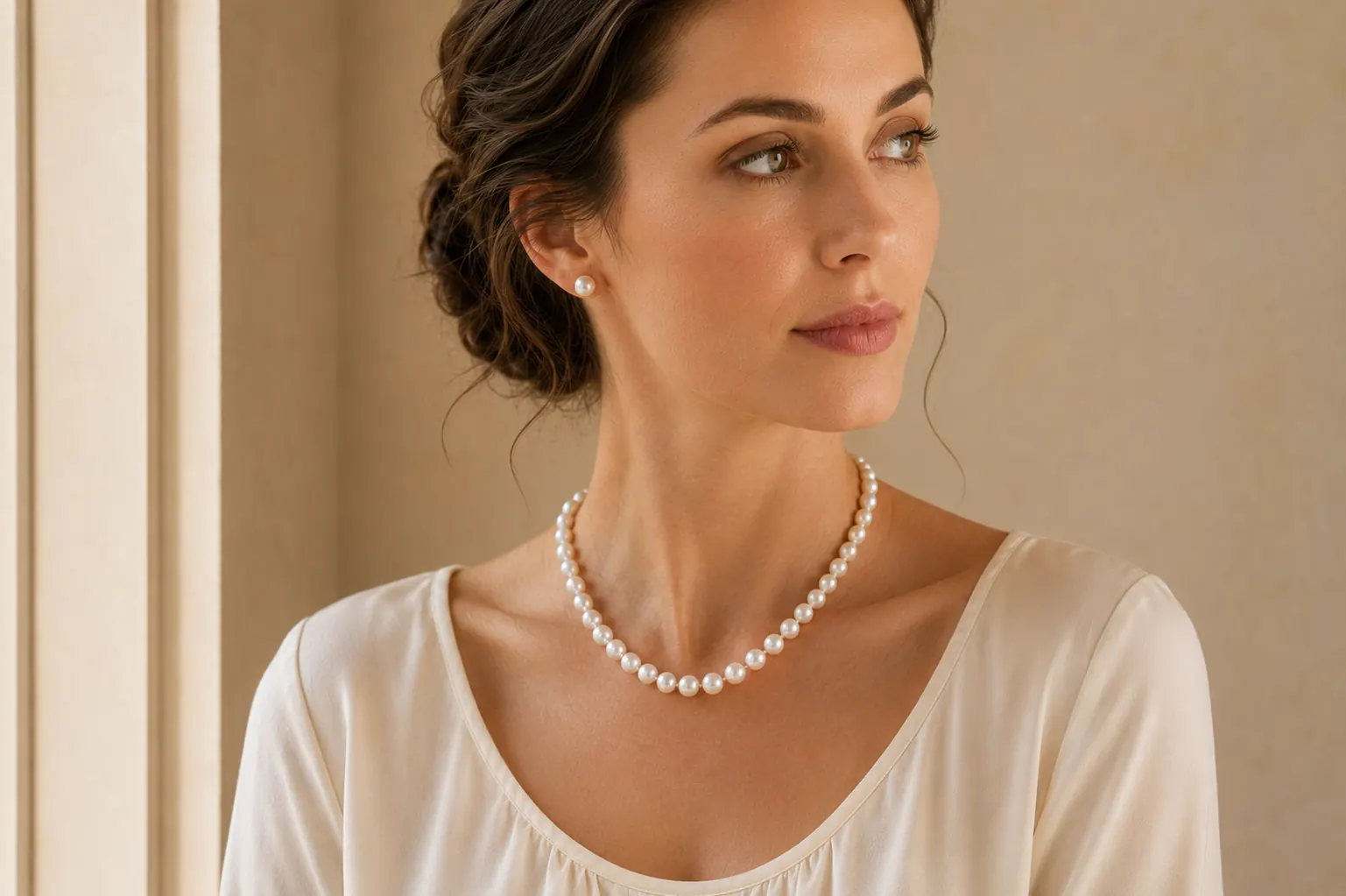 Pearl jewelry worn at ATL Luxury Jewelry showroom in Atlanta