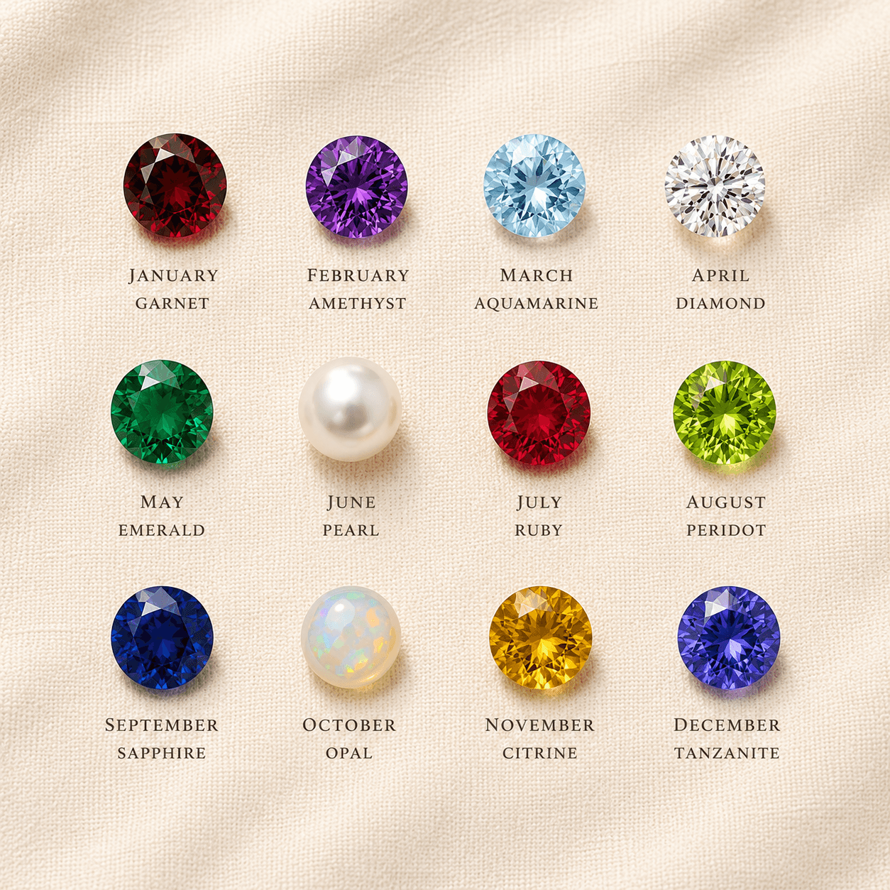 Birthstone chart for all 12 months at ATL Luxury Jewelers Atlanta