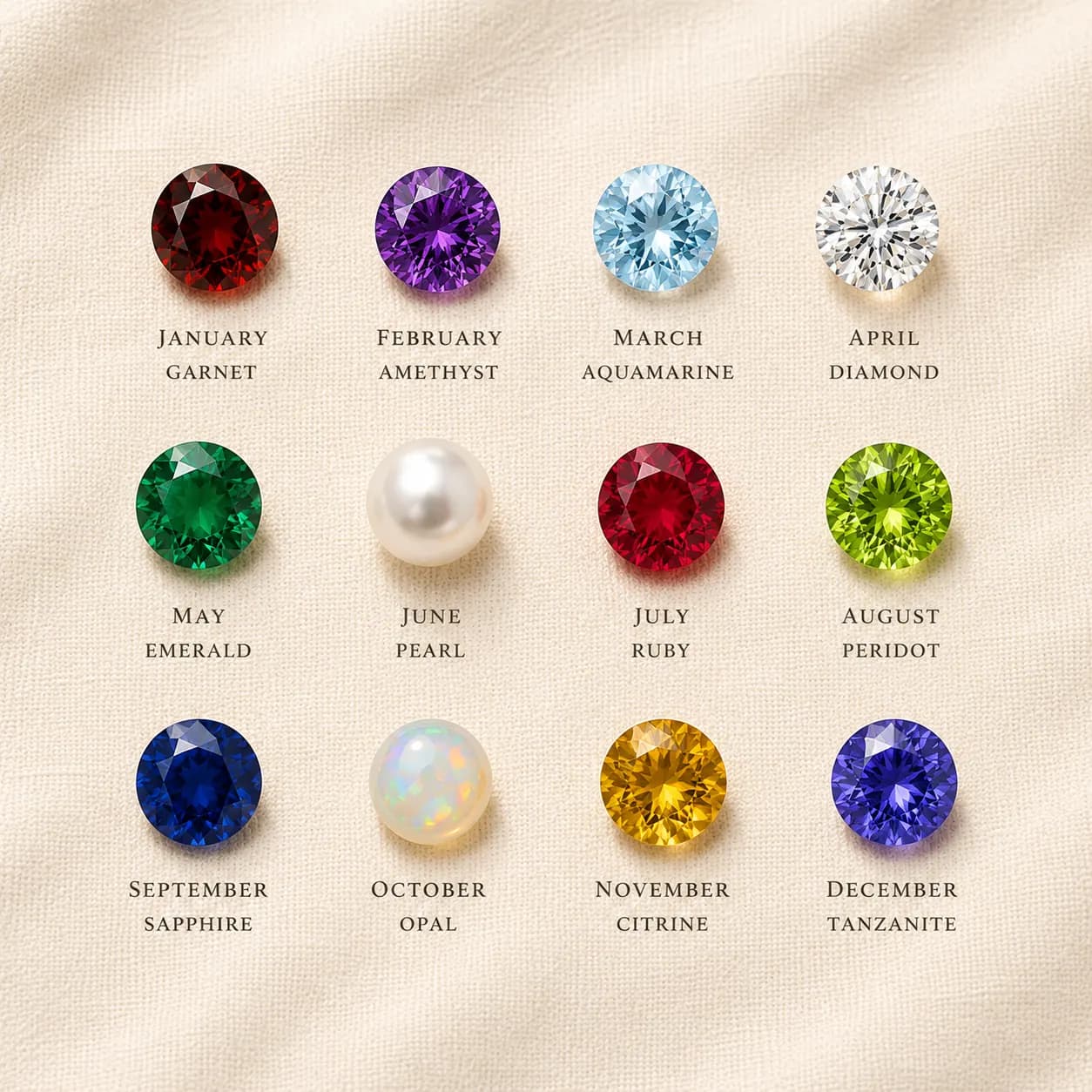 Birthstone chart for all 12 months at ATL Luxury Jewelers Atlanta