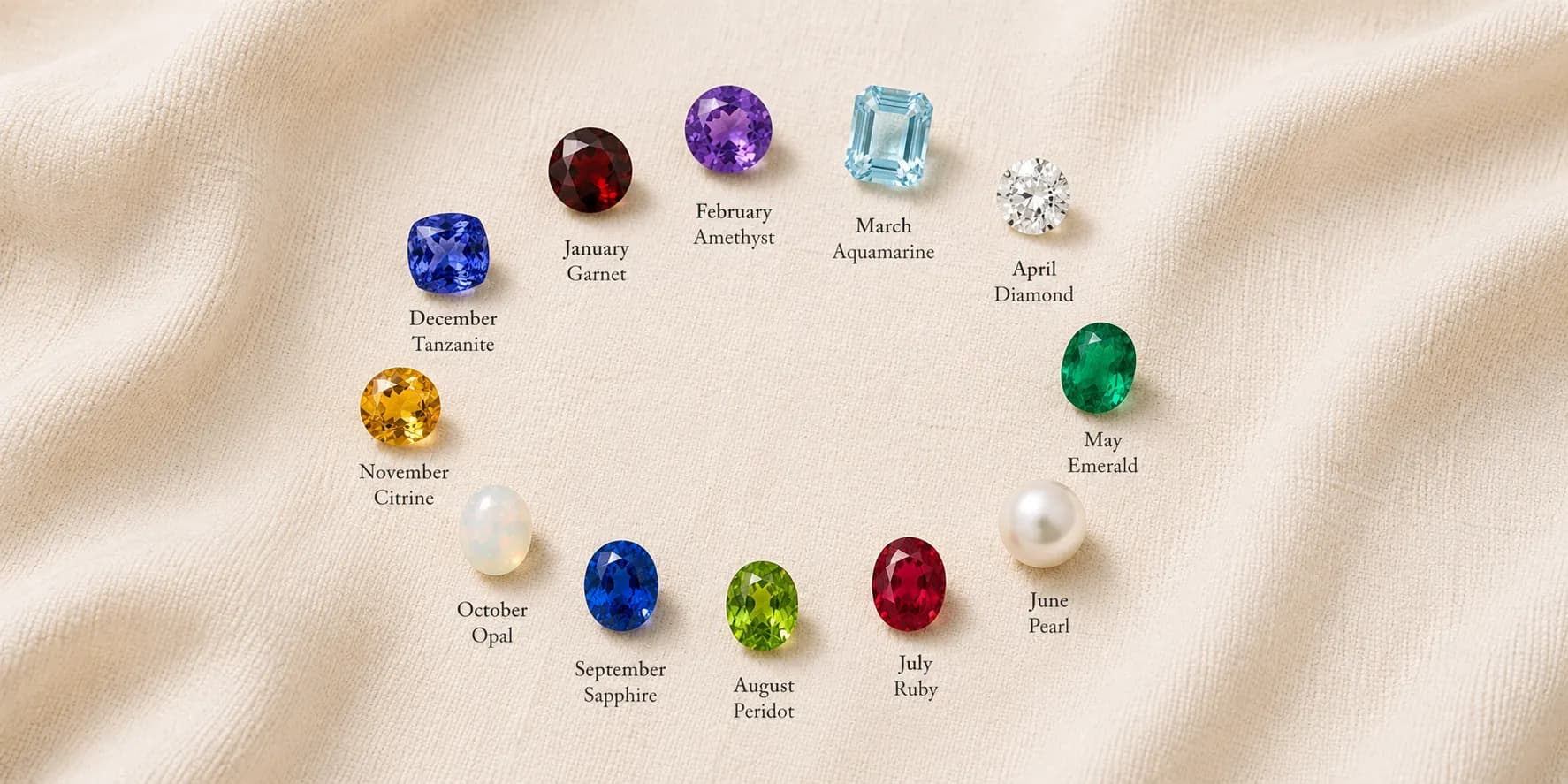 The twelve birthstones laid out in a circle on cream linen, from garnet in January to tanzanite in December