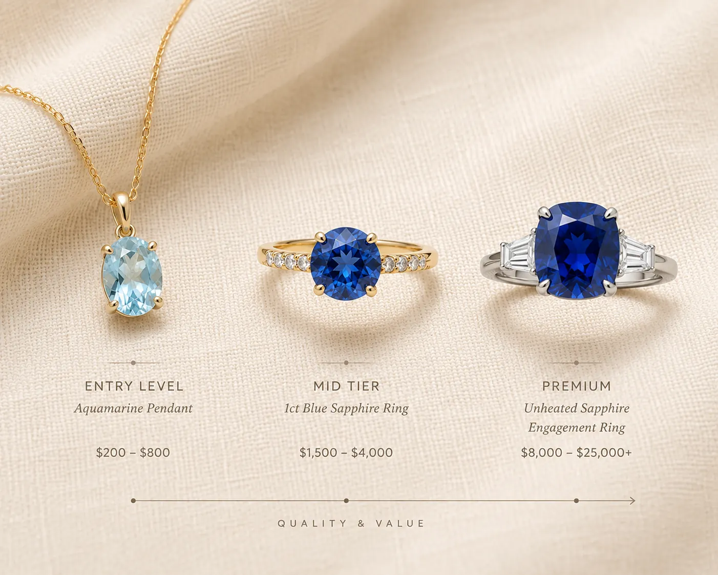 Blue gemstone pricing comparison sapphire aquamarine tanzanite at ATL Luxury Jewelers Atlanta