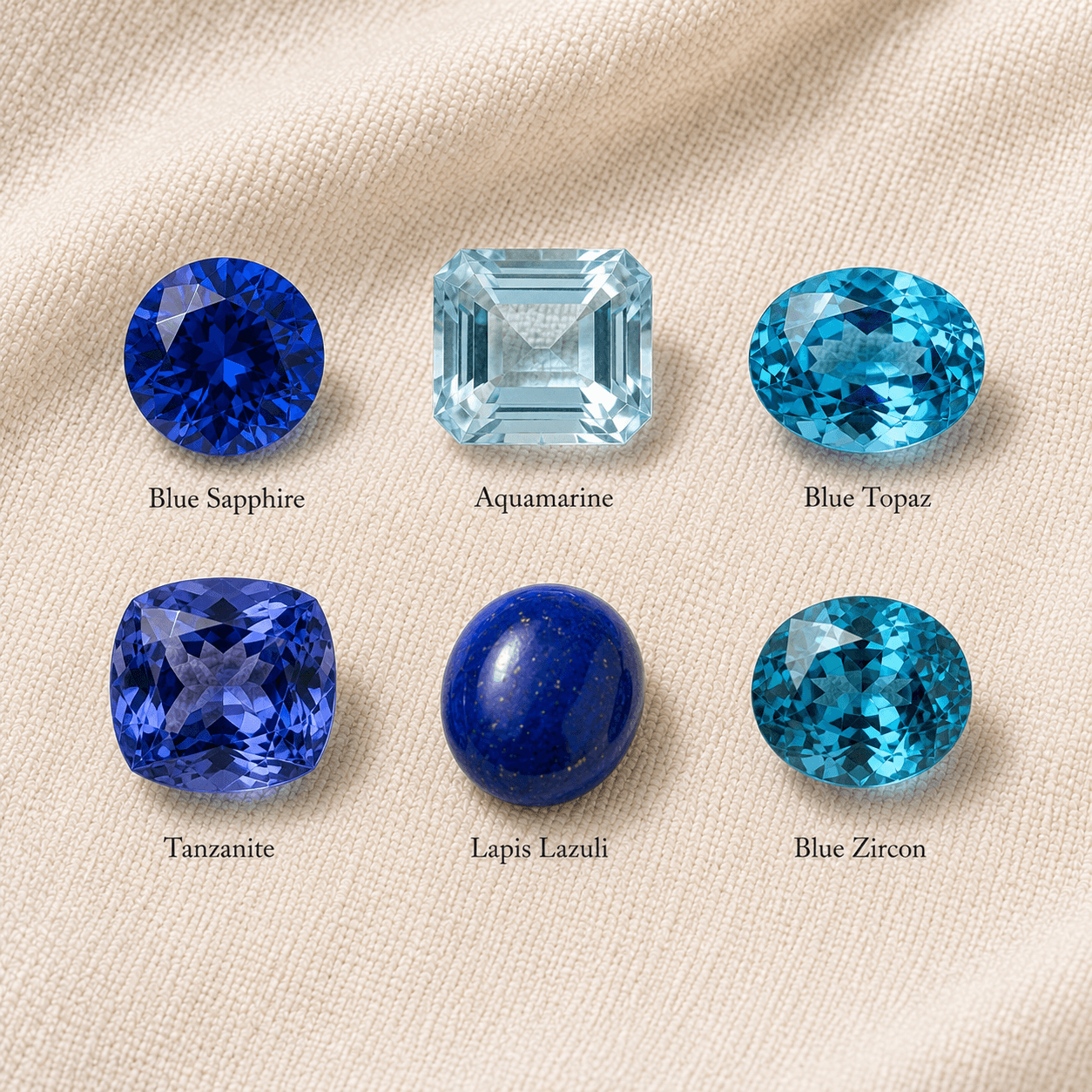 Blue gemstone varieties sapphire aquamarine lapis lazuli tanzanite at ATL Luxury Jewelers Atlanta