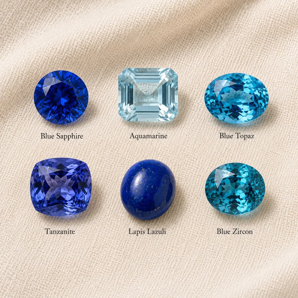 Blue gemstone varieties sapphire aquamarine lapis lazuli tanzanite at ATL Luxury Jewelers Atlanta