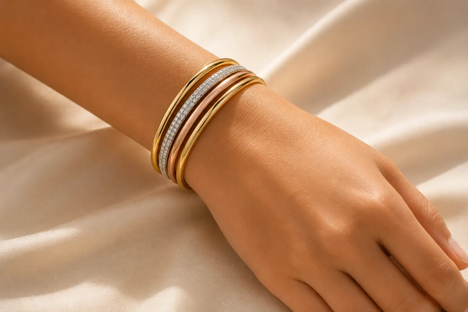 Stack of gold bangles worn at ATL Luxury Jewelers showroom