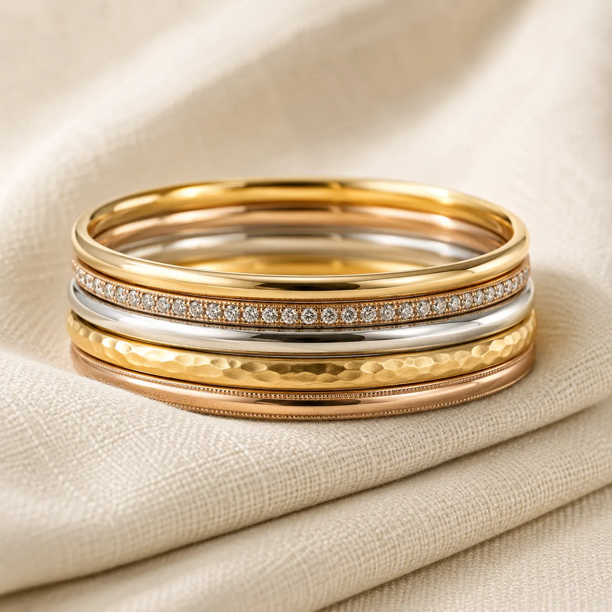 Stack of gold bangles in mixed metals — yellow, rose, white gold and pavé diamond bangles at ATL Luxury Jewelers Atlanta