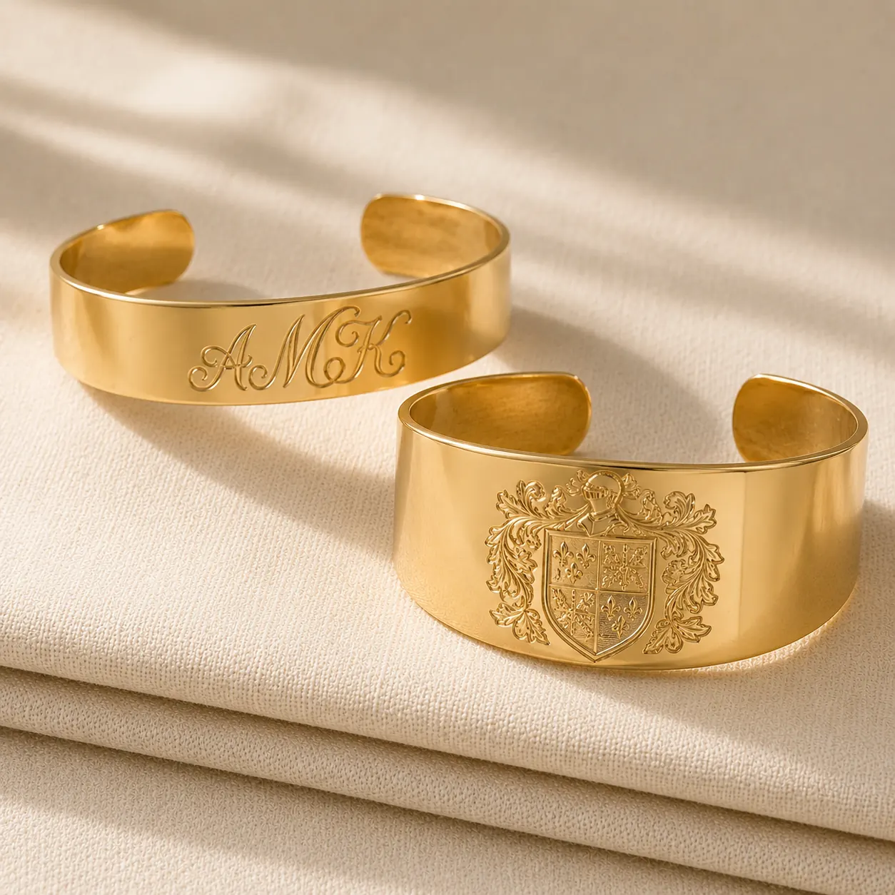 Engraved gold cuff with monogram and family crest at ATL Luxury Jewelry Atlanta