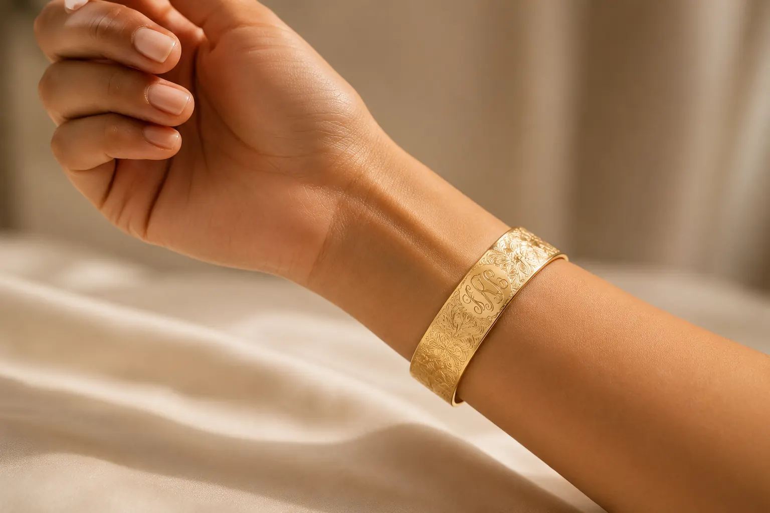 Gold cuff bracelet worn at ATL Luxury Jewelry showroom