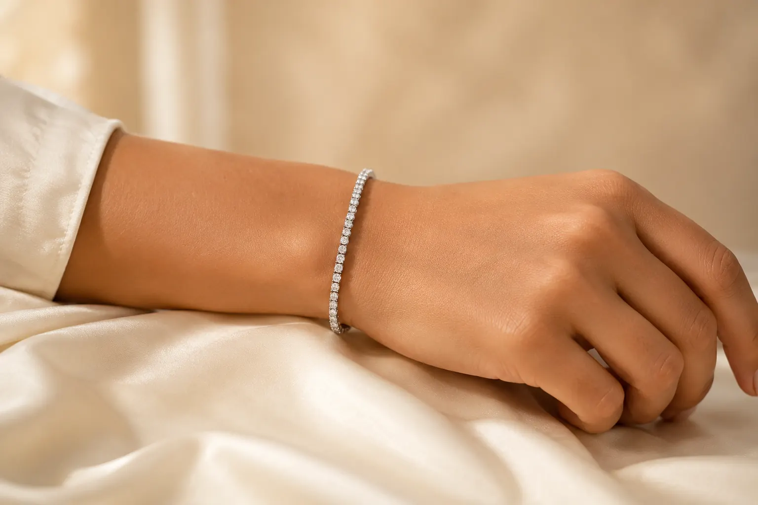 Diamond tennis bracelet on a woman's wrist at ATL Luxury Jewelers showroom