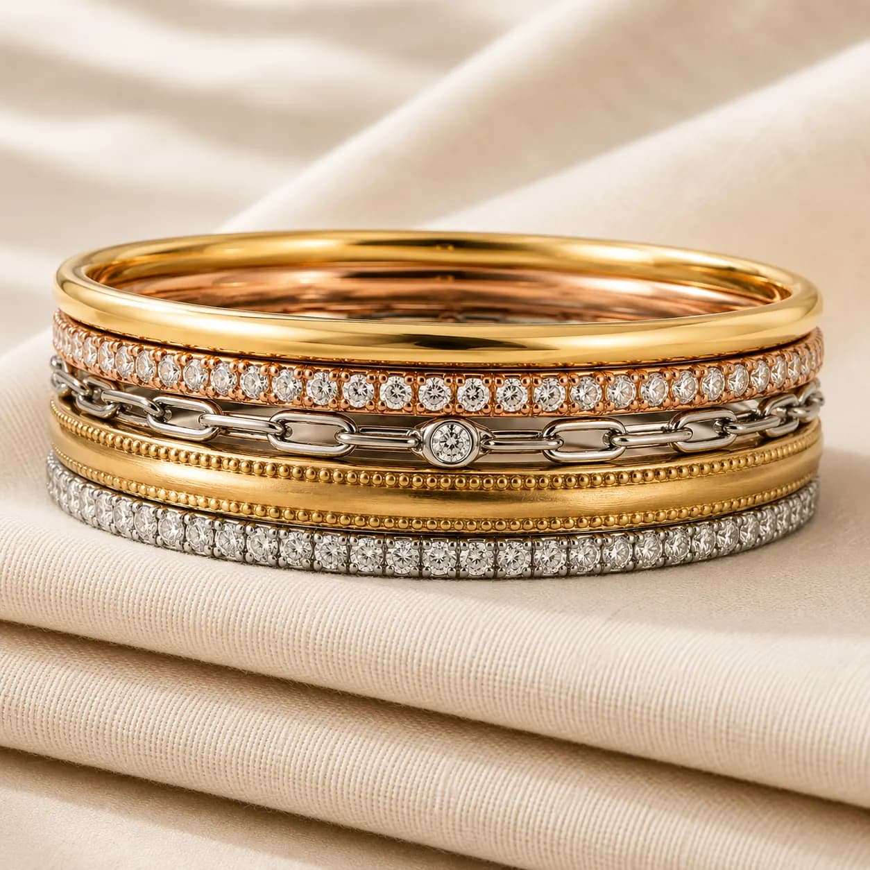Layered bracelet stack — mixed-metal stackable bracelets at ATL Luxury Jewelers Atlanta