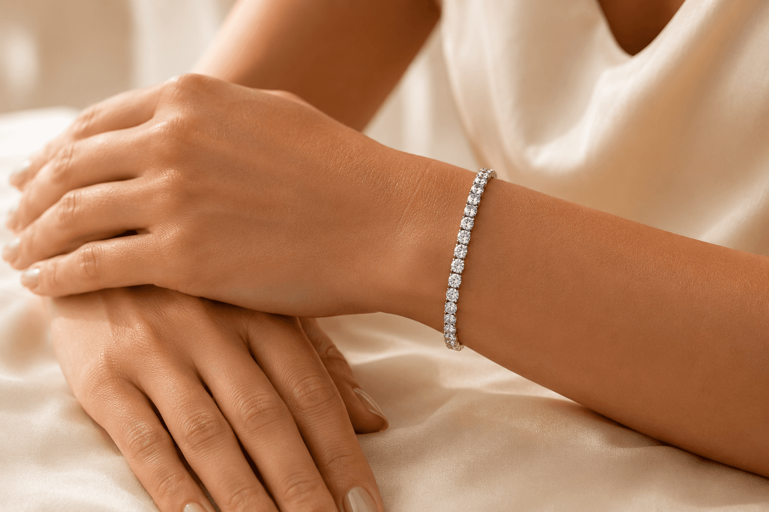 Diamond tennis bracelet worn on the wrist at ATL Luxury Jewelers showroom