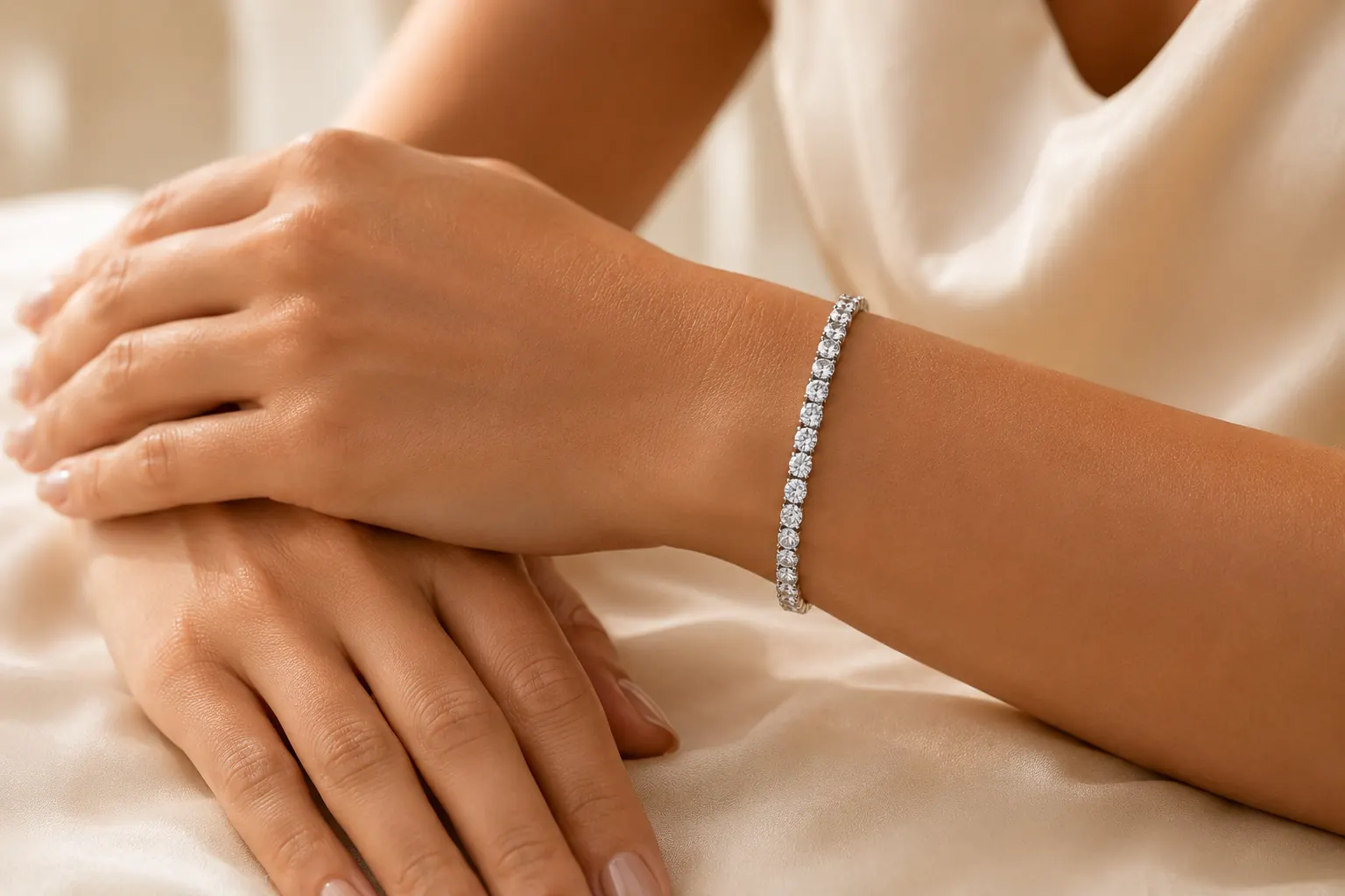 Diamond tennis bracelet worn on the wrist at ATL Luxury Jewelry showroom