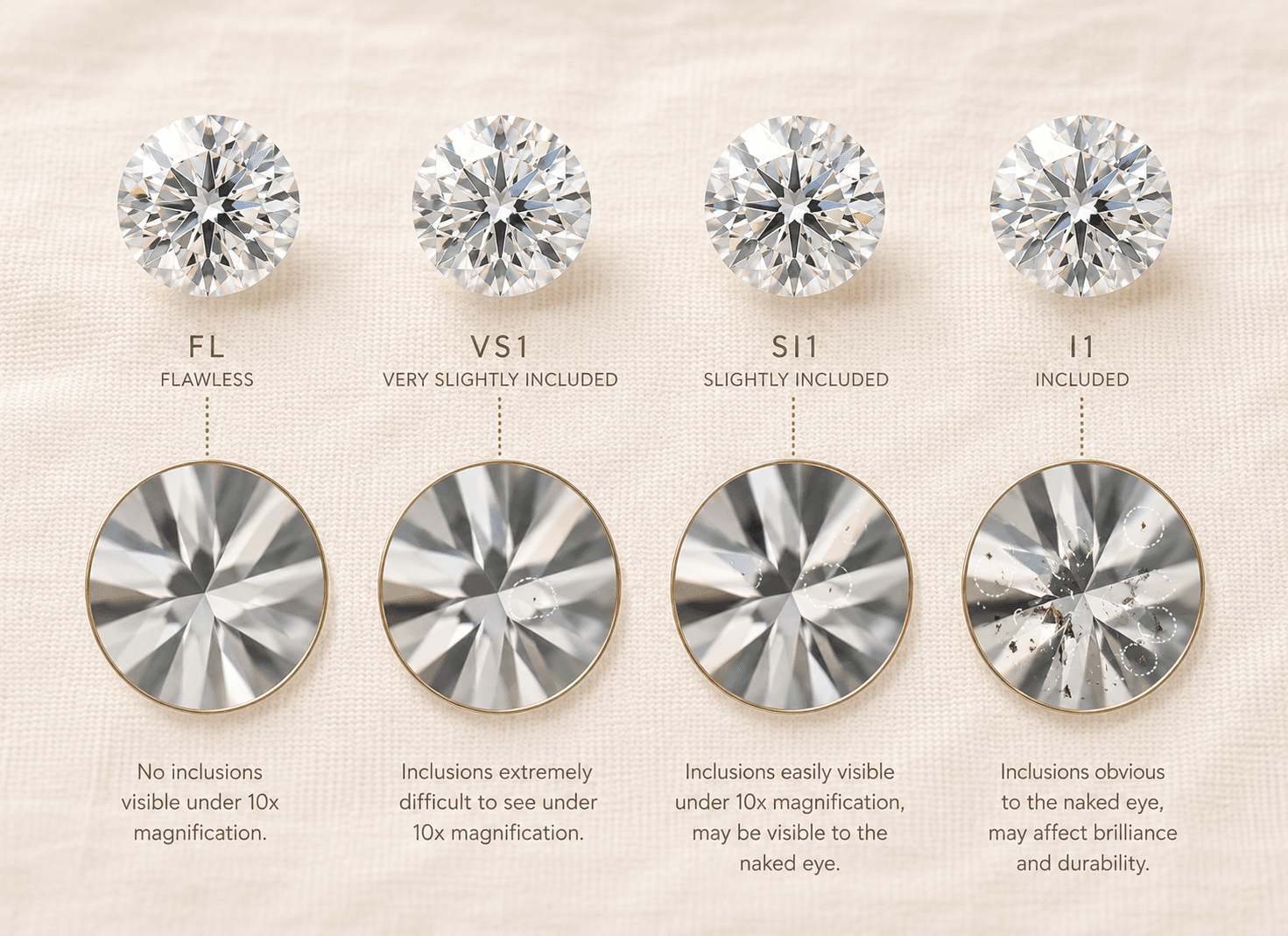 Diamond clarity scale FL through I3 with inclusion examples at ATL Luxury Jewelers Atlanta