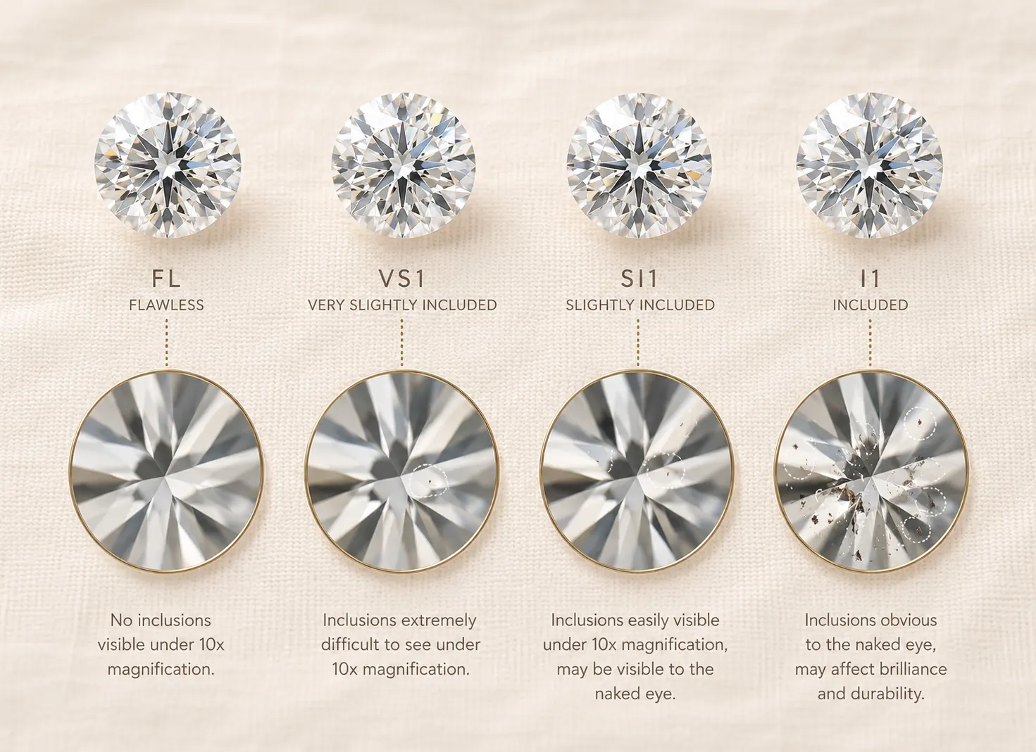 Diamond clarity scale FL through I3 with inclusion examples at ATL Luxury Jewelry Atlanta