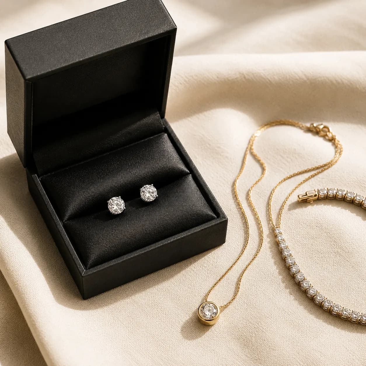 Fine jewelry gift presentation — diamond stud earrings, gold necklace, and tennis bracelet in a black satin gift box at ATL Luxury Jewelry Atlanta