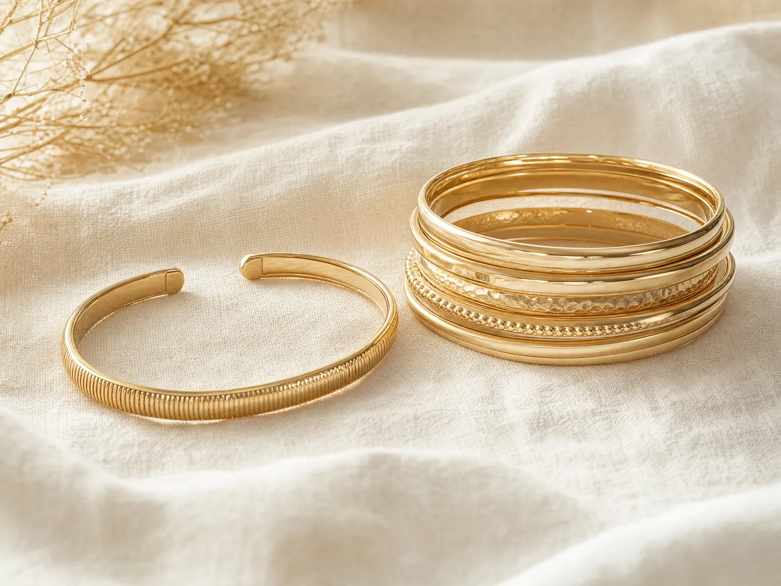 An open gold cuff bracelet beside a stack of closed gold bangle bracelets on a woven cream linen surface in soft daylight