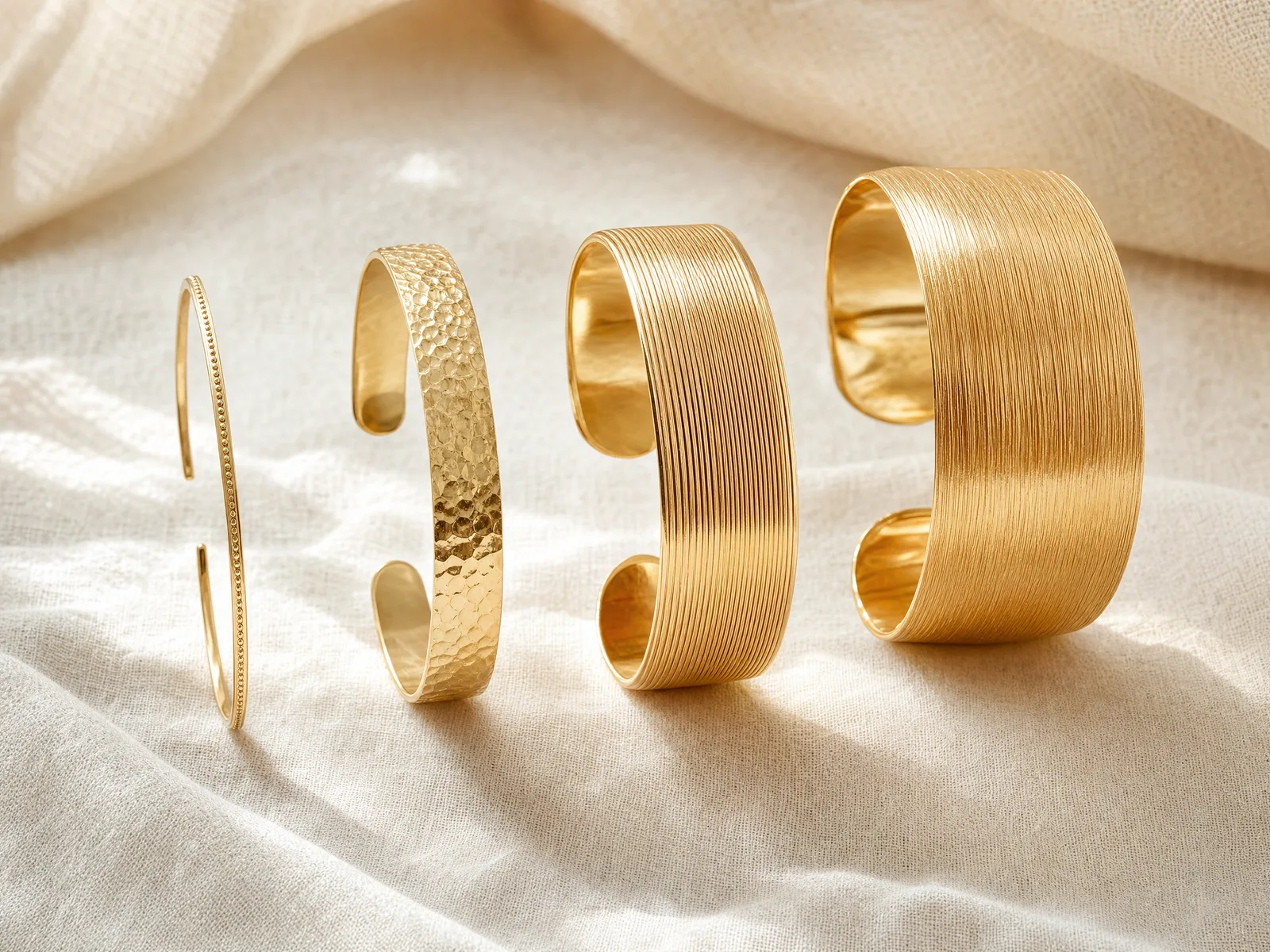 Four gold cuff bracelets of graduated widths, from a thin 4mm cuff to a wide 40mm statement cuff, laid side by side on a woven cream linen surface