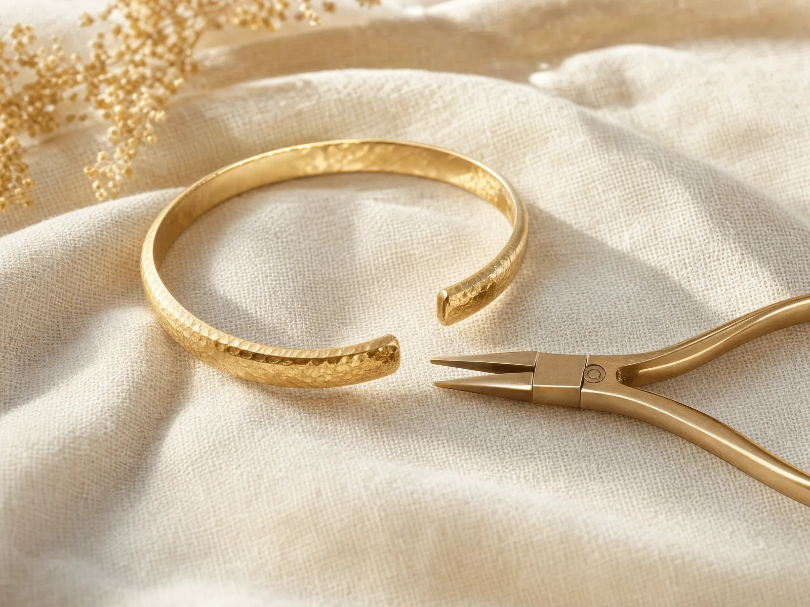 A gold cuff bracelet on woven cream linen with small polished jeweler's pliers resting beside its open ends